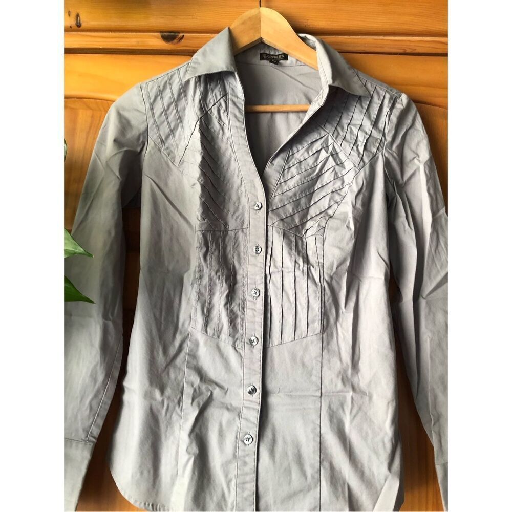 Express Gray Essential Stretch Button Up Shirt Womens XS Fitted - Picture 2 of 12